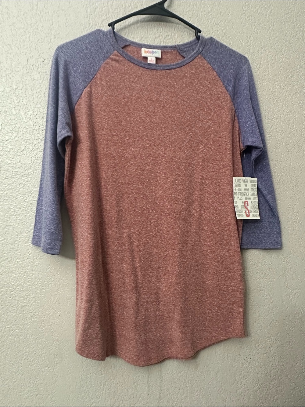 Raglan Crewneck Top in Rust Body with Heather Blue Sleeves